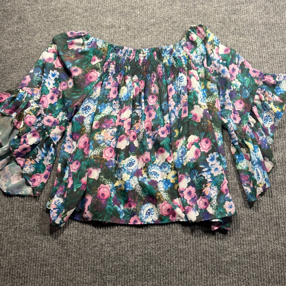 Let Them Eat Cake Floral Blouse Women M Multicolor Smocked Ruffle Sleeve Fairy